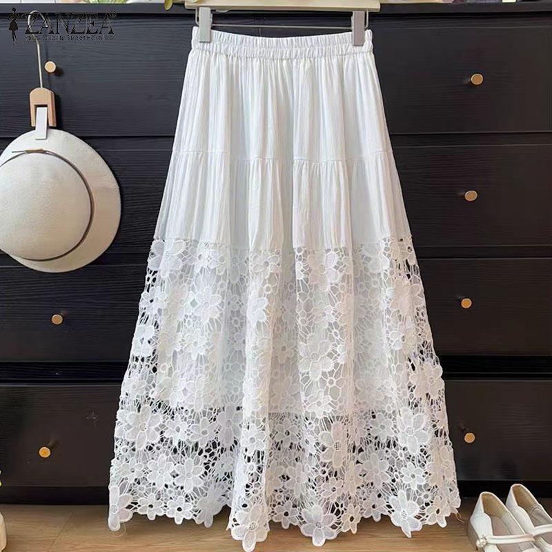 ZANZEA Womens Summer Casual Hollow Crochet Patchwork Loose Long Skirts