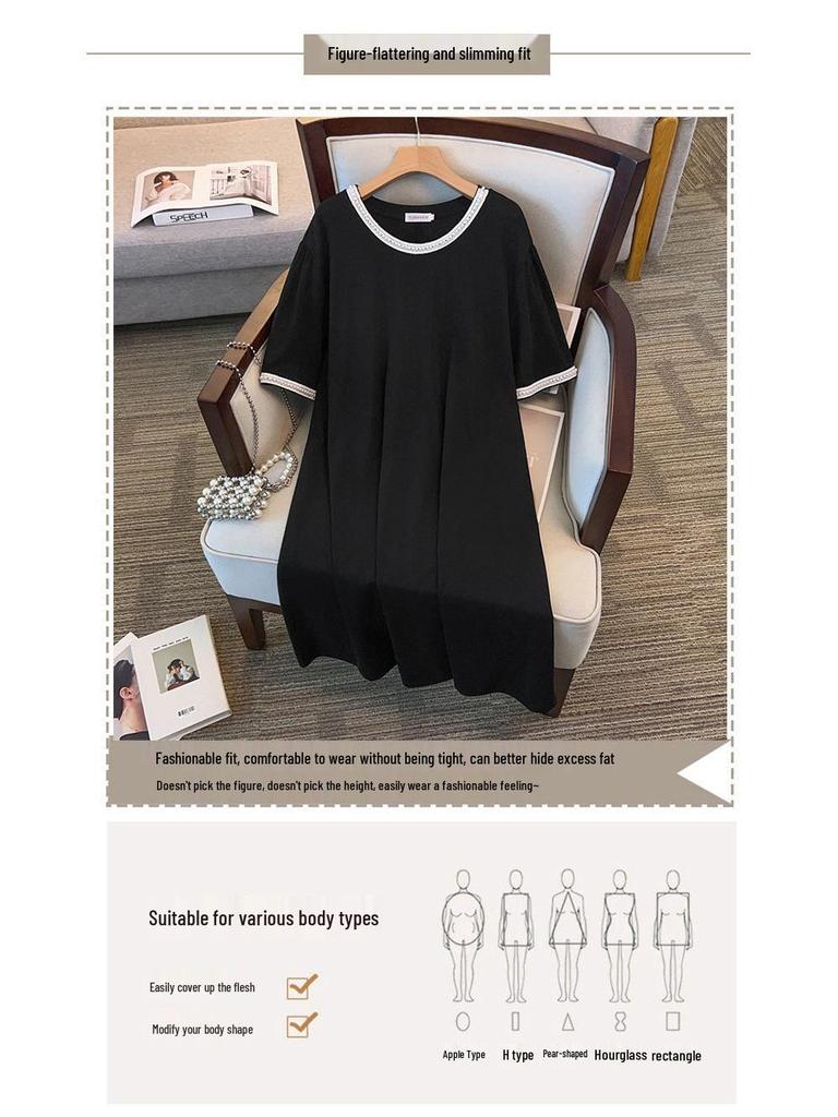 Damen Plus Size A-Linien-Midikleid, Rundhalsausschnitt - Schlankmachender Lockerer Schnitt (200/300/350 Jin)