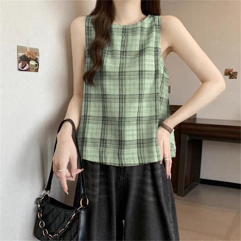 

ZANZEA Женские летние топы-майки без рукавов с круглым вырезом и принтом в клетку 3XL зелёный