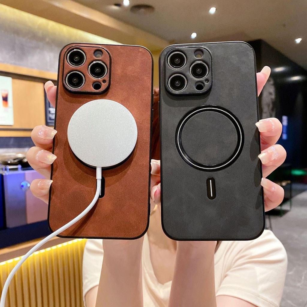 iPhone 16 Magnetic Case - Smooth Sheepskin Leather, Anti-Fall, Fits 14 Pro Max & 15