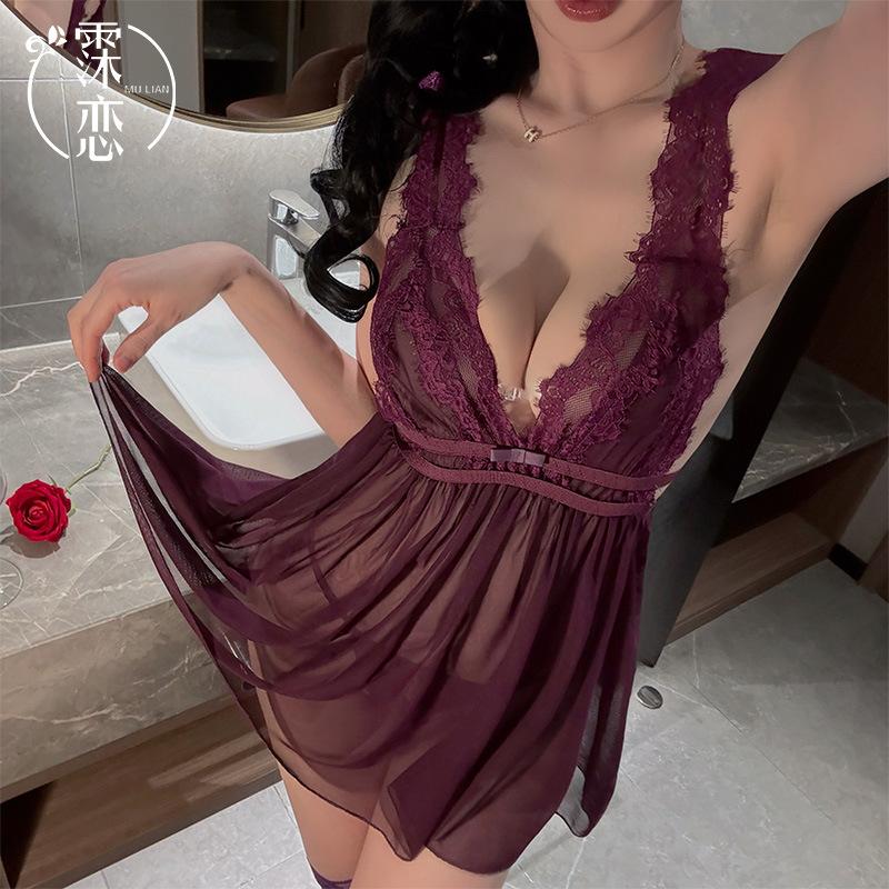 Sex underwear, sexy transparent mesh suspender skirt, purple charm, pure desire to wear deep chest