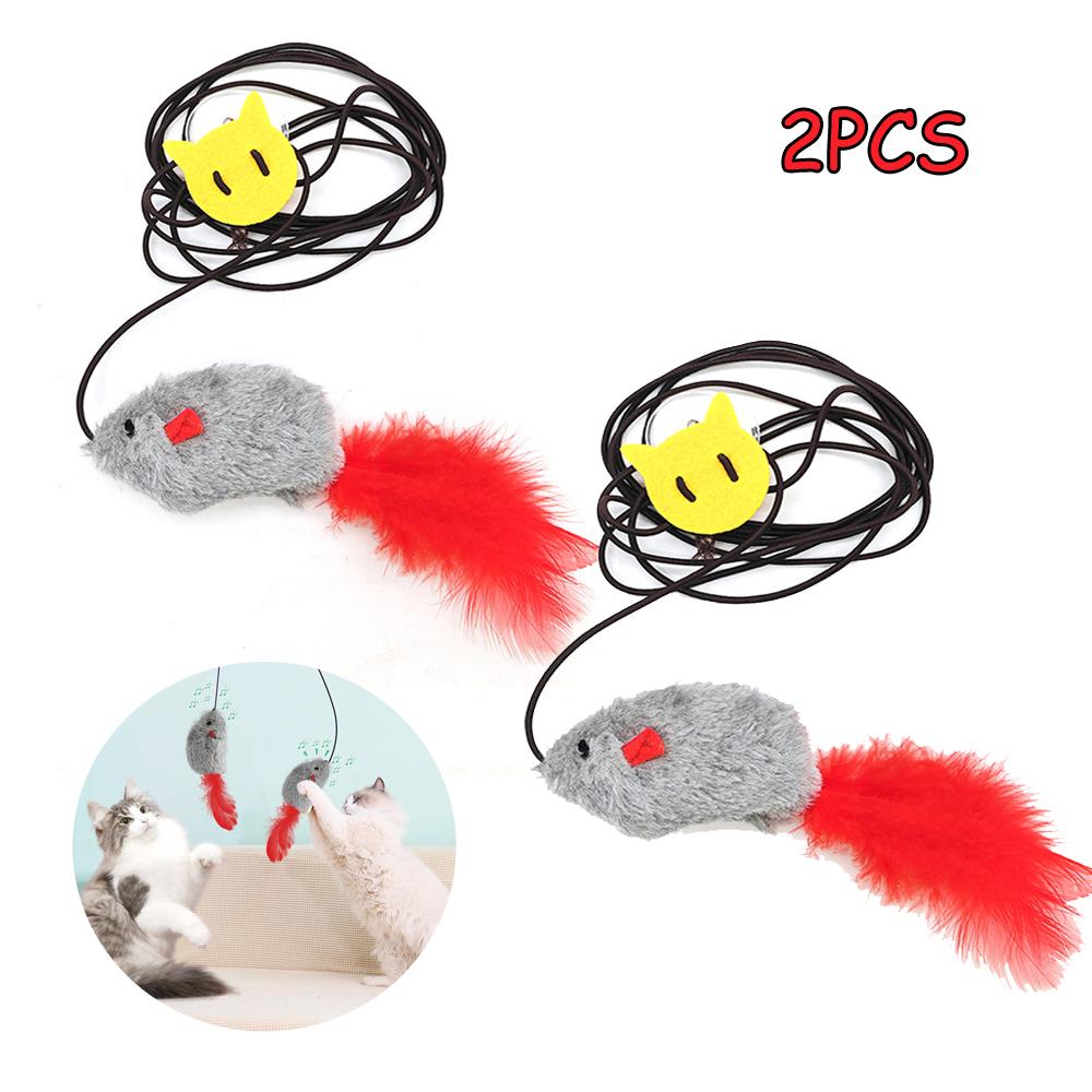 Cat Toys for Indoor Cats Adult Kitten, 2 Pcs Door Hanging Interactive Cat Mice Toys with Squeaky Sound & Feather Tail