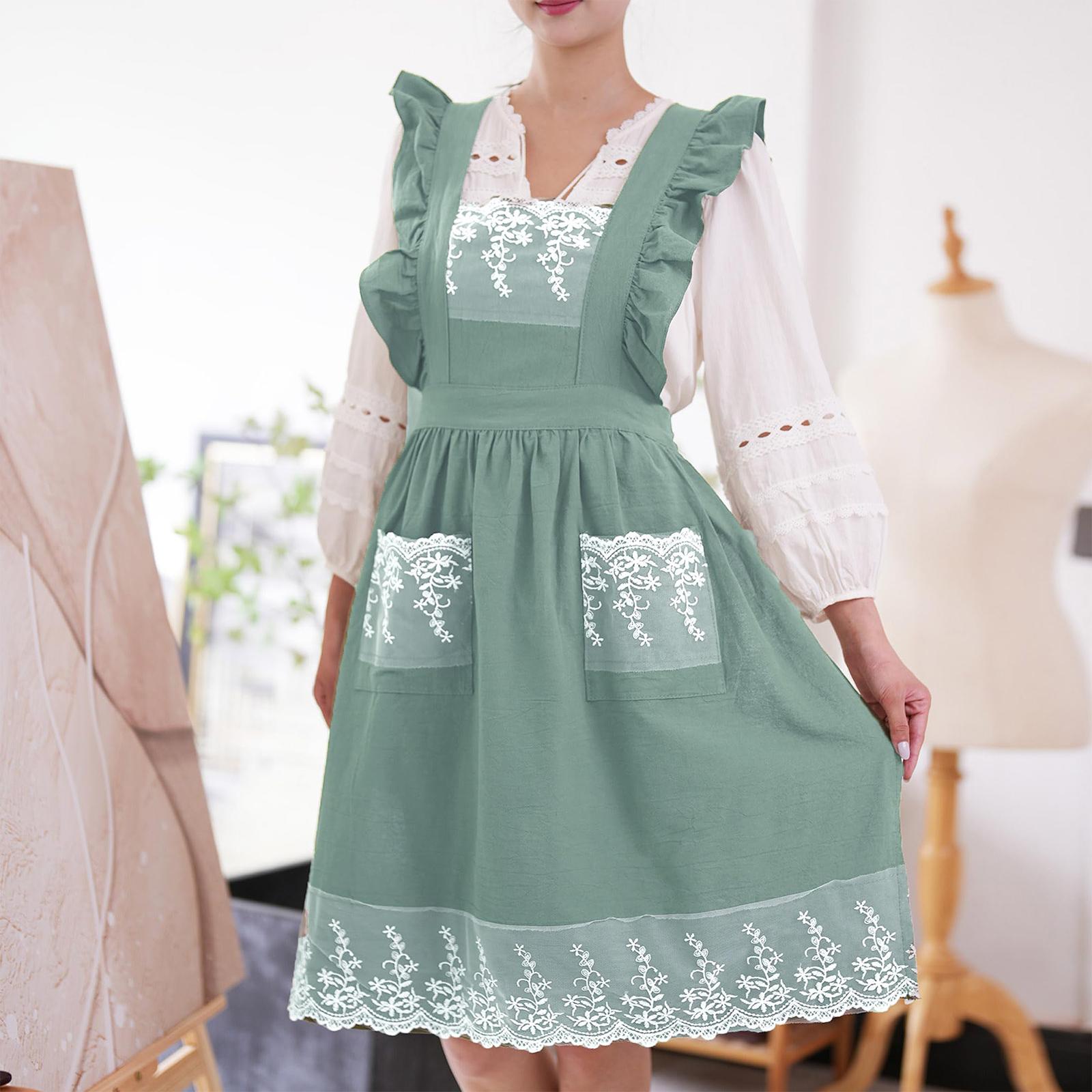 

Sleeveless Lace Apron with Floral Embroidery Ruffle Trim Adjustable Waist Tie for Home Gardening Baking and Nail Art Use One Size
