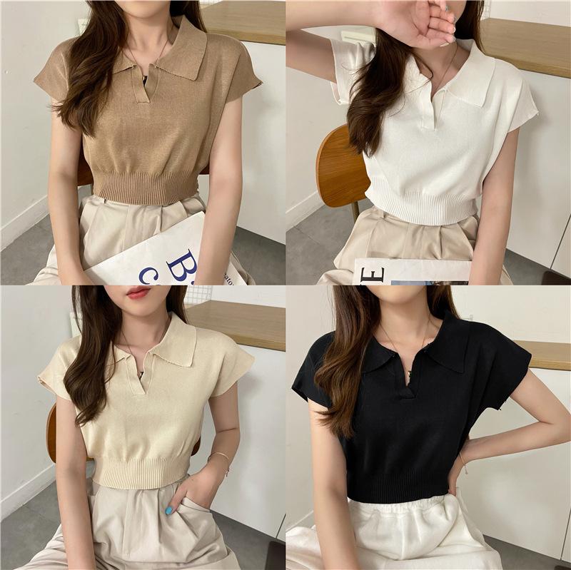 Eenvoudig aansluitend kortarmig POLO shirt korte gebreide trui revers T-shirt top dames nieuw zomer Koreaanse versie trend