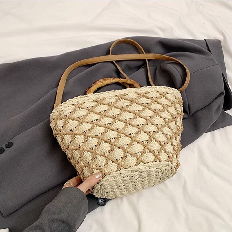 

2025 Luxury Women Summer Trend Woven Grass Bamboo Handle Beach Tote Bag Casual Travel Vacation Straw Handbags New Crossbody Bag бежевый