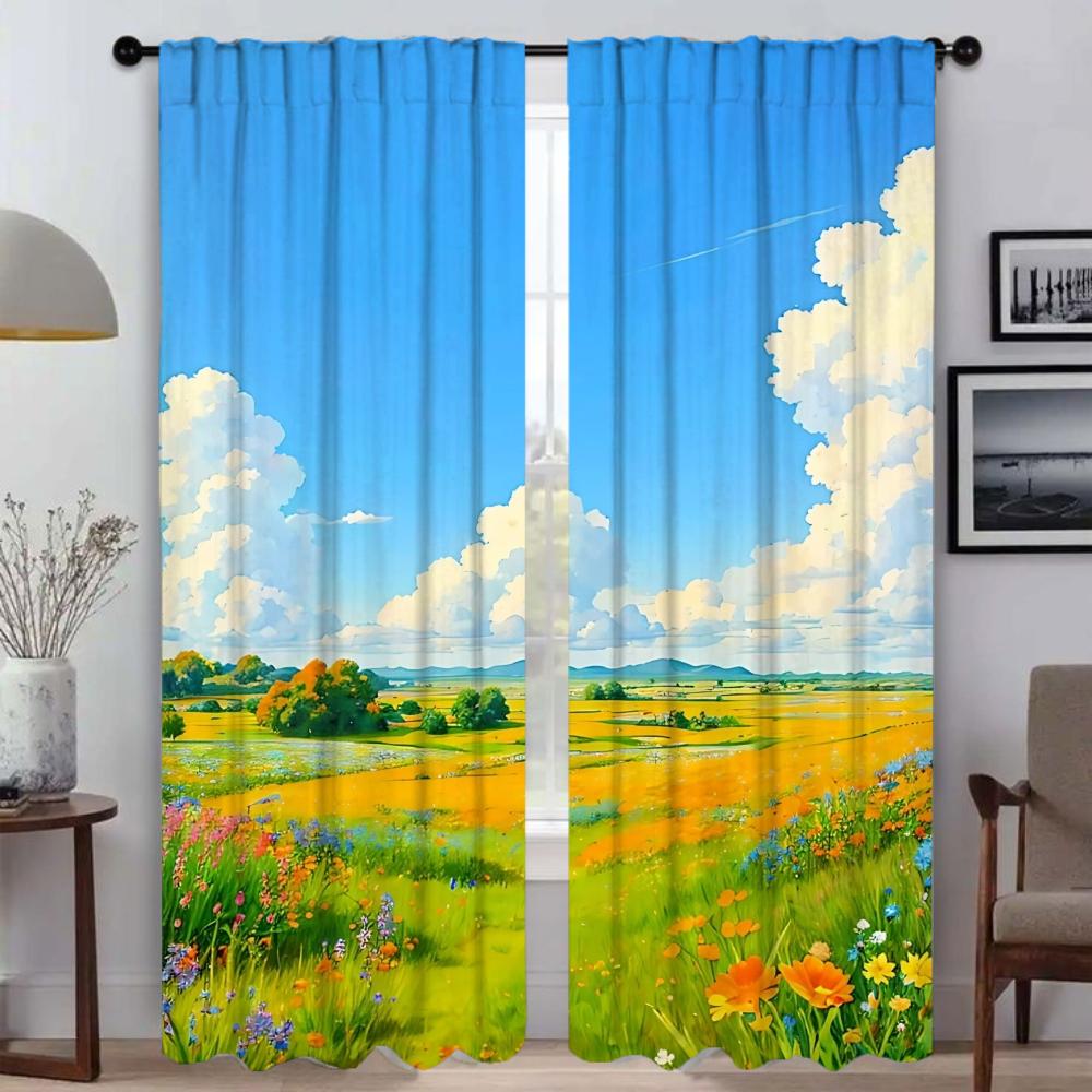 Healing Is a Pastoral Illustration Kitchen Curtains 2 Pieces Home Interior Curtains for Camera Window Curtain Shades Partition