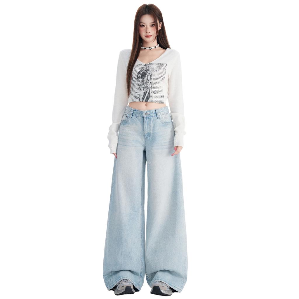 American Light Blue Washed Cat Beard Wide-leg Jeans Women's Autumn New High-waisted Loose and Thin Floor Pants