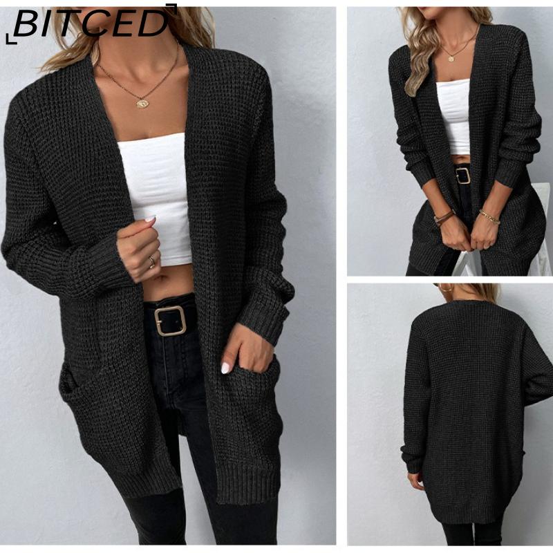 BITCED Autumn/Winter Women's Knitwear Solid-Colour Pocket Cardigan Sweater