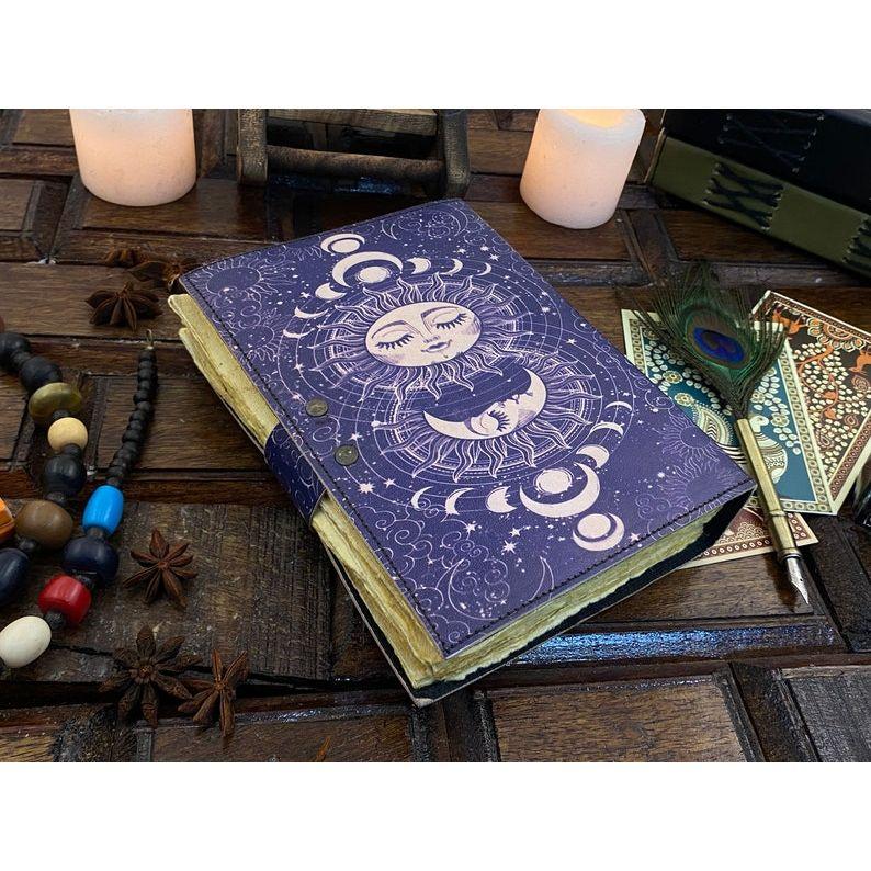 Leather Journal Sun and Moon Phase Notebook spell book of Shadows Grimoire journal Handmade Journal With Deckle Edge Paper Brass C lock