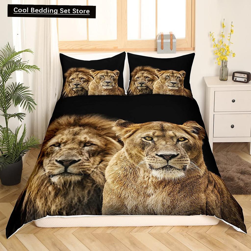 Rei Leão Rainha Capa de Edredom Conjunto de Cama Animal Relâmpago Leão Dourado 2/3 Peças Capa de Edredom Cinza Preto Dourado Poliéster Capa de Edredom