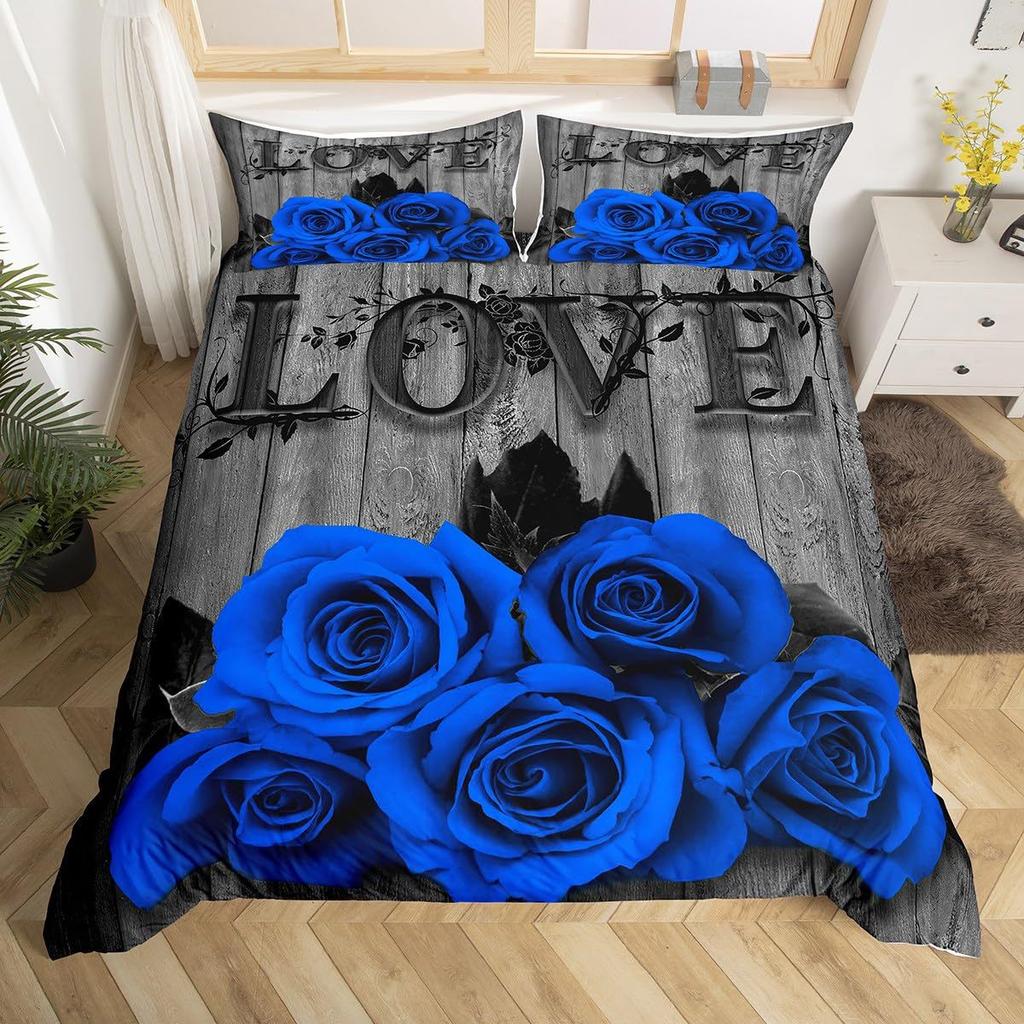 Blue Rose Digital Printed Duvet Set Three-Piece Valentine'S Day Gift Suitable For Bedroom Decoration Bedding