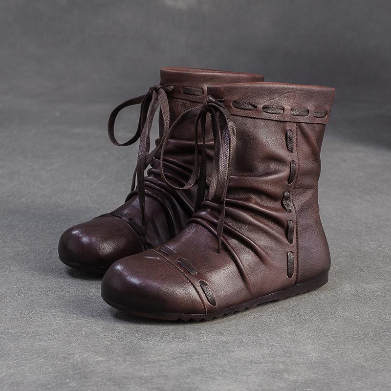 Fashion GKTINOO 2025 Autumn/Winter New Genuine Leather Pleated Round Toe Short Boots Retro Soft Soled Versatile Women's Shoes