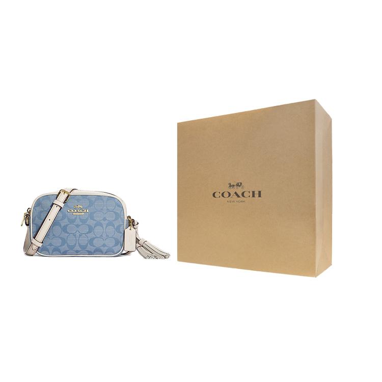 New COACH Camera Chambray Plain Weave And Smooth Cow Leather Camera Bags Crossbody Bags Mini Women's Blue & White CA732-IMUDY