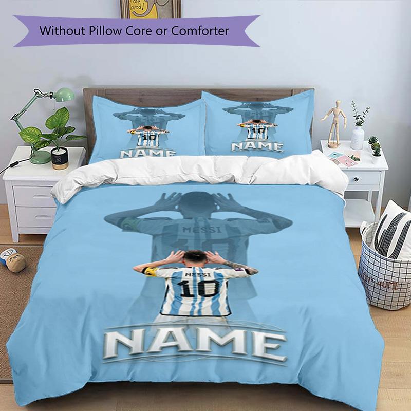 Messi Soccer Jersey Name Personalized Name Bedding Set,Airy Bed Linen for Sports Room Decor,Perfect Teenager Gift,Double Sided Duvet Cover with Pillow