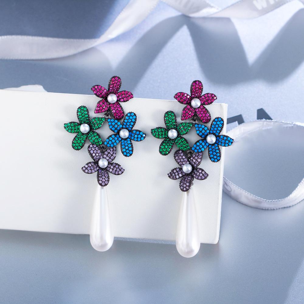 

Needle Light Luxury Elegant Full Zircon Colored Flower Pearl Earrings Catwalk Water Drop Pearl Earrings Ear Jewelry
