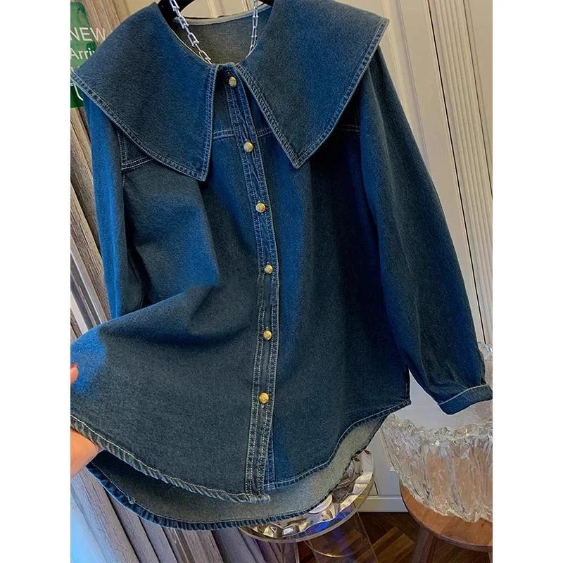 College Style Retro Doll Collar Denim Shirt for Women In Spring and Autumn, Small Stature, High-end and Good-looking Top