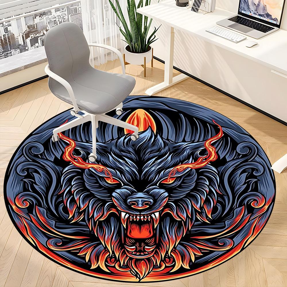 1 Stück Wolfskopf Design Stuhlteppich für Büro, Runder Rutschfester Langlebiger Großer Büroteppich, Geeignet für Büro