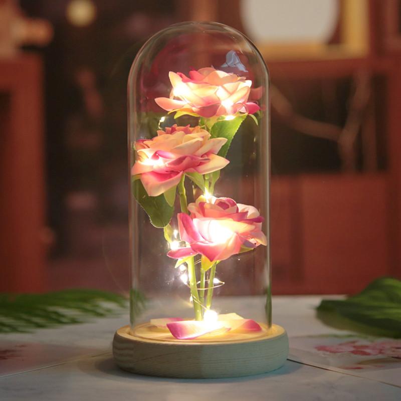 Three simulated immortal flowers, glass cover ornament, LED night light, rose, creative Valentine's Day gift.