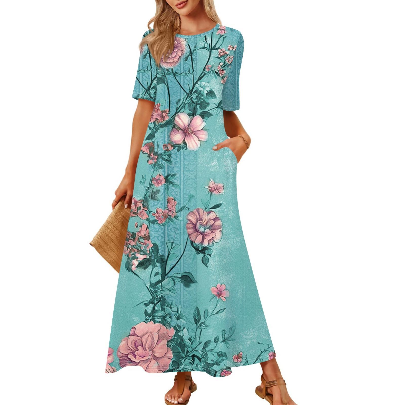 

Женская модная и повседневная длинная пляжная юбка с круглым вырезом и короткими рукавами, свободное платье с принтом в стиле ретро XXL циан