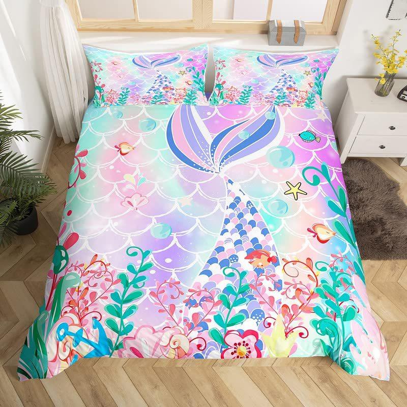 Color Shiny Gradual Change Mermaid Tail Print Duvet Set For Bedroom And Guest Room Three-Piece Set