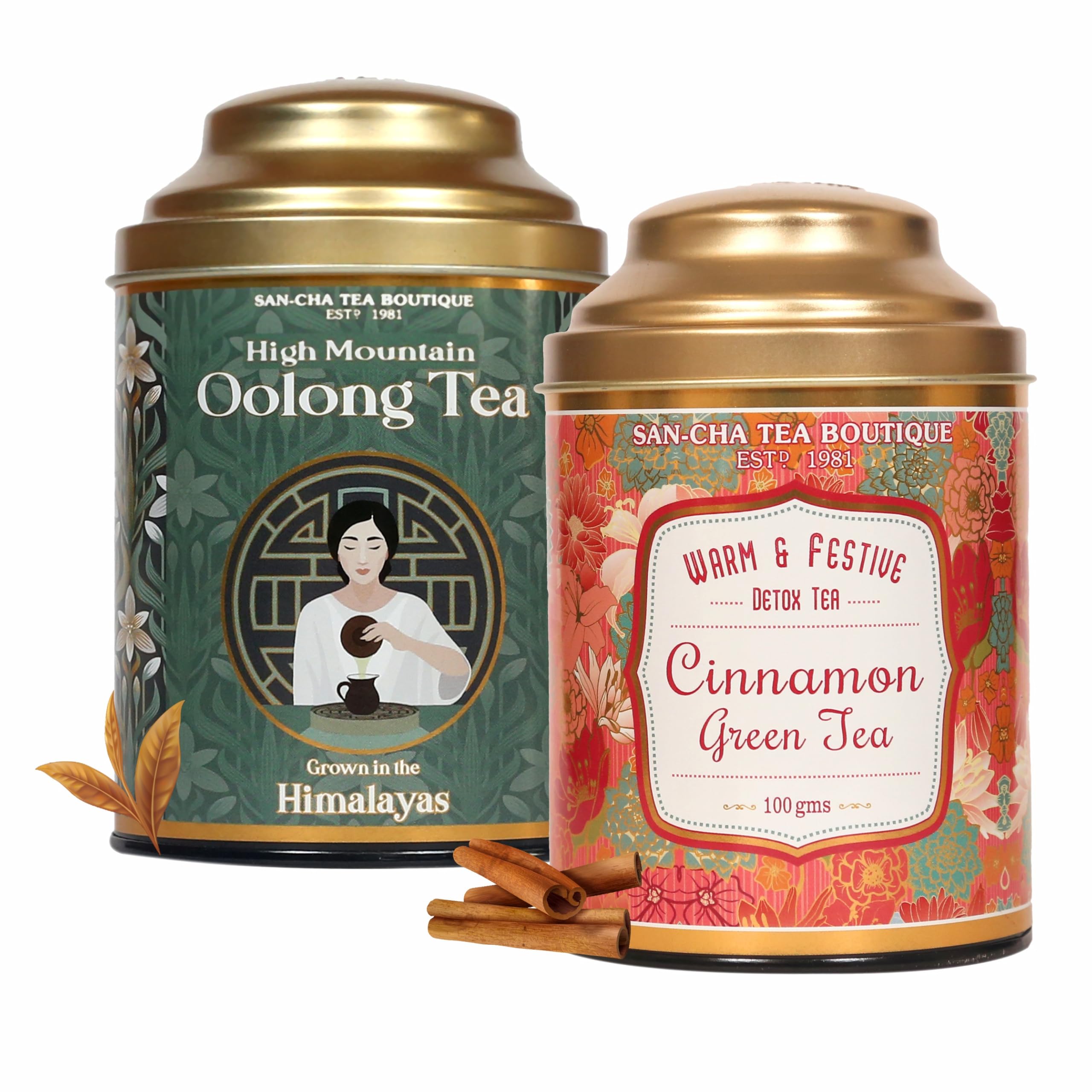 Sancha Tea Boutique, Combo Pack, High Mountain Oolong (50g) & Cinnamon Green (100g), Himalayan Oolong + Spiced Green Blend, Traditionally Va