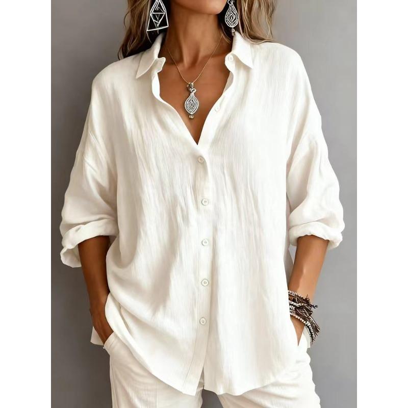 Autumn New Women's Casual Loose Fashion Solid Color Long-sleeved Lapel Cardigan Shirt