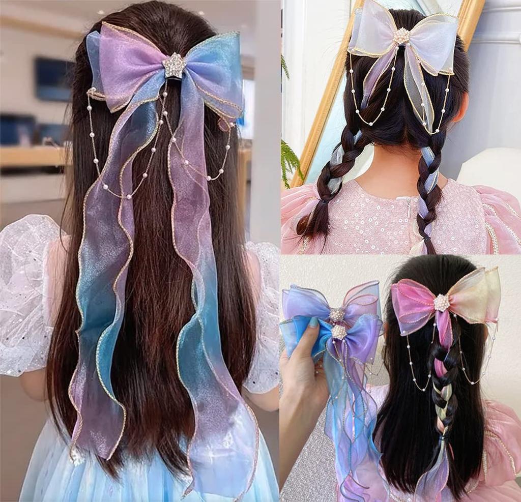 SEEWEN Hair Cute Pearl Hair Set of Braided Organza Hair Clips for and Perfect for and Princesses Clips, Ribbons, Barrettes, Hairpins, Ornaments, 3,