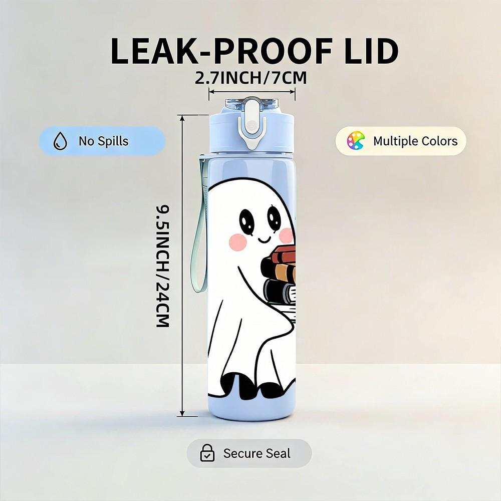 1PC Halloween Ghost Reading Book 750ml Color Plastic Sports Water Bottle Leakproof Flip Straw Lid Suitable for Sports Office Home Use
