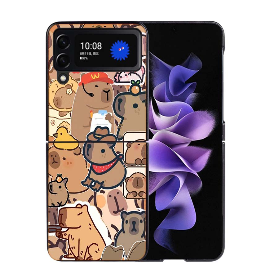 Cute Cartoon Capybara Phone Case For Samsung Z Flip 7 6 5G Galaxy Z Flip4 Z Flip5 Z Flip3 Coque Black Hard PC Shell Protective C