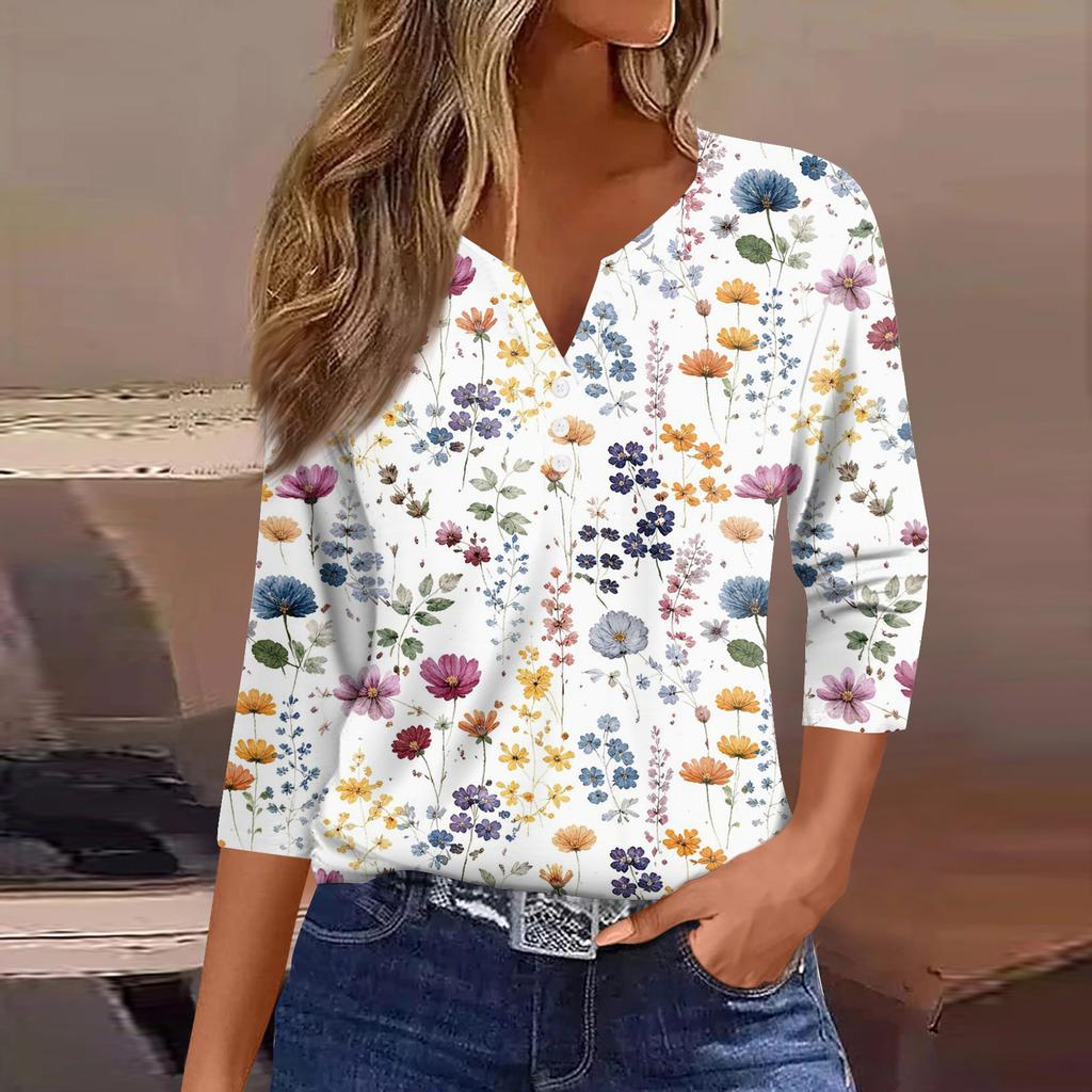 T-shirt da Donna Maglietta Stampata Bottoni Manica Corta Tunica Moda Quotidiana Weekend Base Scollo a V Top Regolare