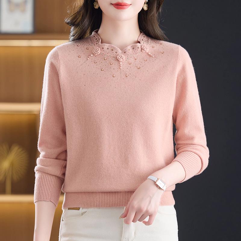 Mid-aged Women's Pure Wool Rhinestone Sweater - Warm Knit Base Layer for Autumn & Winter