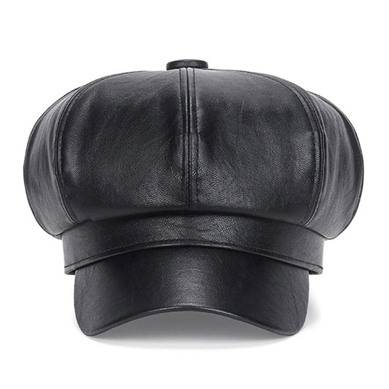 Octagonal Cap Women Adjustable Faux Girls Retro Peaked Beret Cap Leather Hats Solid Color Winter Autumn