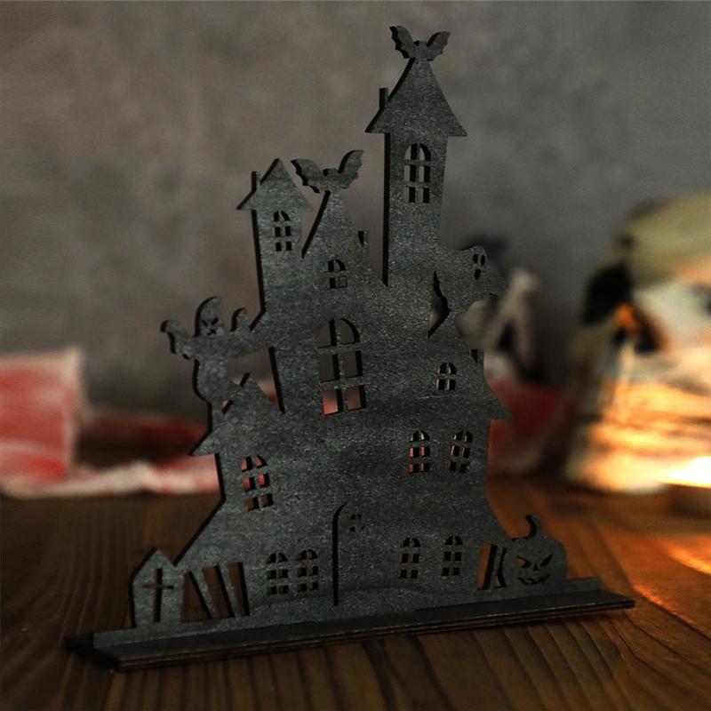 M-Modern-Halloween Wooden Ornaments Decorative Wooden Silhouette Sketch Haunted House Desktop Decoration