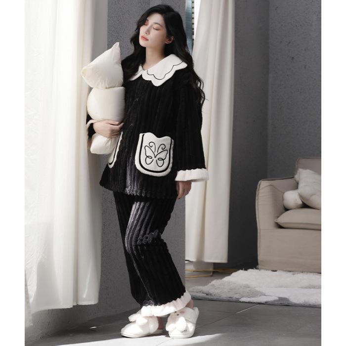 Coral Velvet Pajamas Women Autumn Winter Cashmere and Thick Women Can Wear Warm Home Clothing Set Can Be Worn Outside Sleepwear
