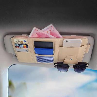 Modern Car Sun Visor Organizer PU Leather Multi-Pocket Auto Sunshade Storage Holder Sunglasses Clip Card Phone Pocket 4-7