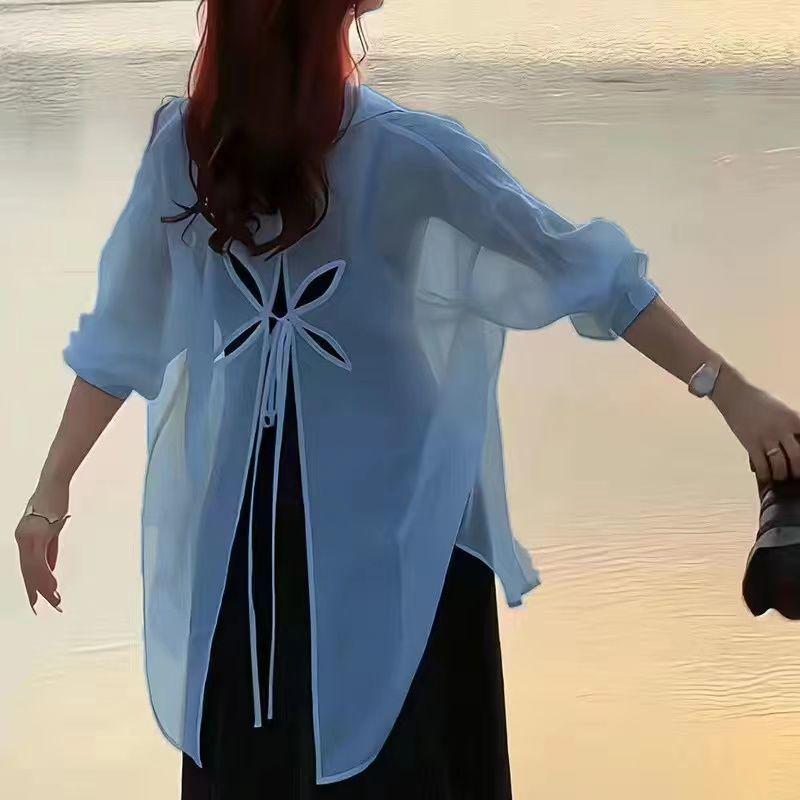 

Женская повседневная рубашка с длинным рукавом в корейском стиле с вырезами и шнуровкой L синий