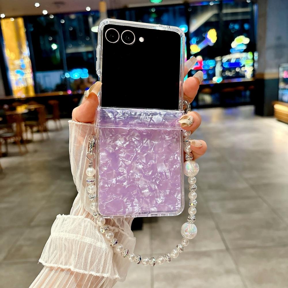 Luxury Shell Pattern Beads Bracelet Case for Samsung Galaxy Z Flip 7 6 5 flip 3 4 zflip7 Hand Wrist Chain Acrylic Hard Cover