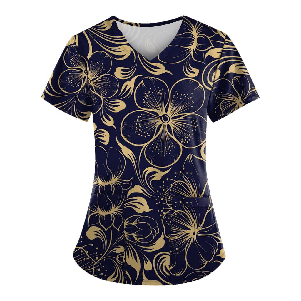 Frauen Mode Frühjahr Und Sommer Ölgemälde Druck V-ausschnitt Kurzarm Arbeitskleidung Mit Taschen Tops