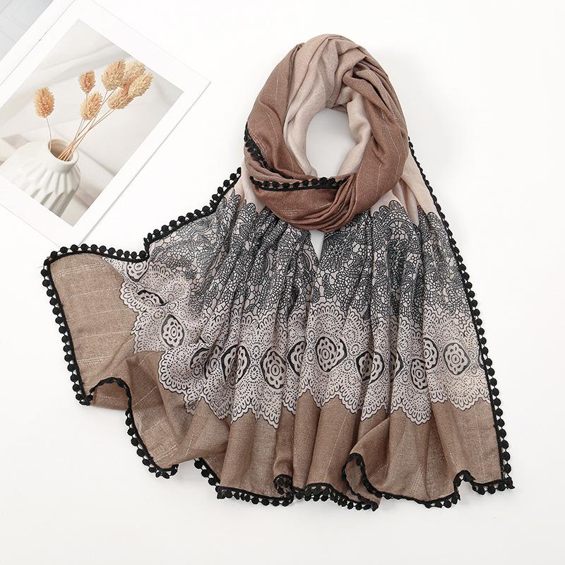 Winter Aztec Lace Floral Pom Pom Cotton Viscose Shawl Scarf Lady High Quality Wrap Pashmina Stole Bufandas Muslim Hijab 180*90Cm