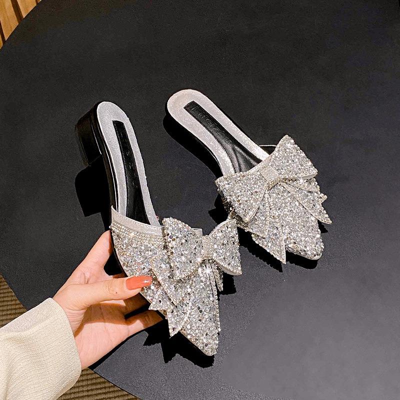Fashion Summer New Shoes for Women Pointed Toe Slipper Glitter Bowknot Outdoor Casual Sandals Girl Heels Mules Shoes Zapatos De Mujer