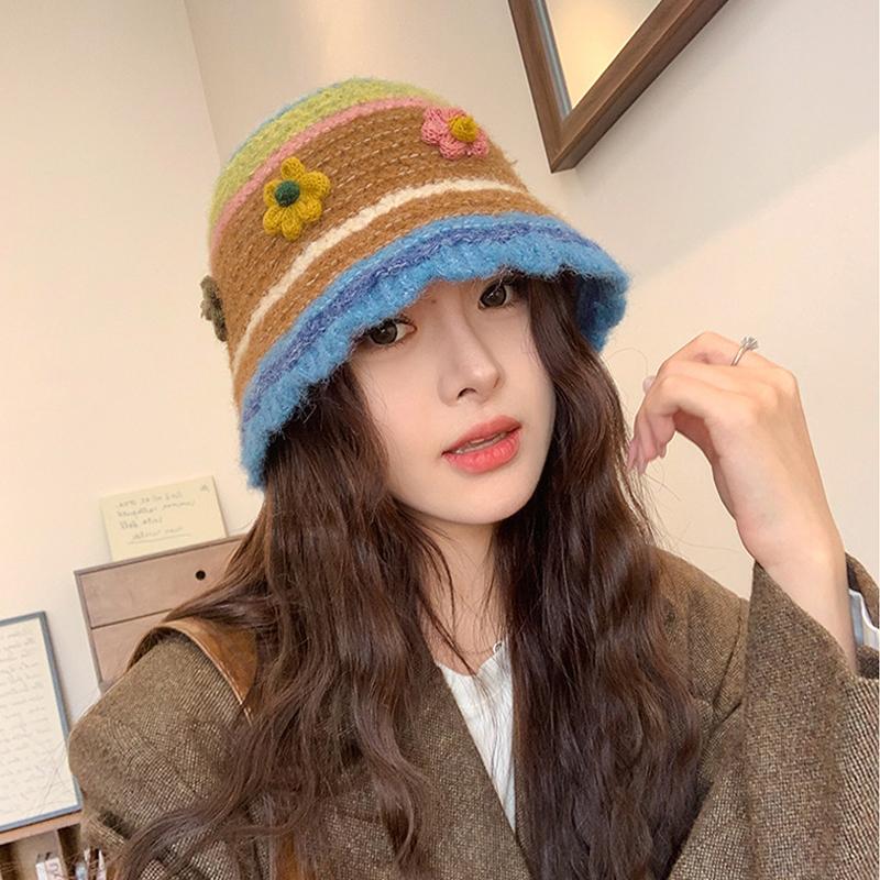 Knitted Basin Hat Autumn Winter Wool Hat Women's Colorful Flower Fisherman Hat