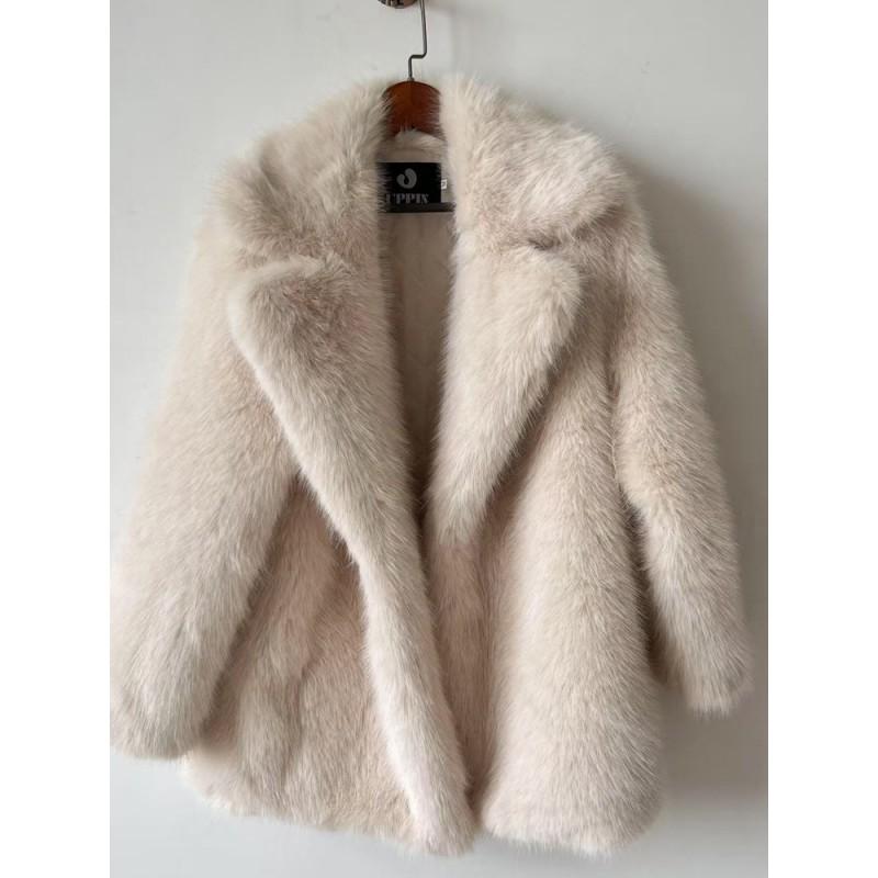 Womens Faux Fur Coat Mid-Length Winter Warm Outerwear Street Style Jacket In Beige Yellow Coffee Khaki