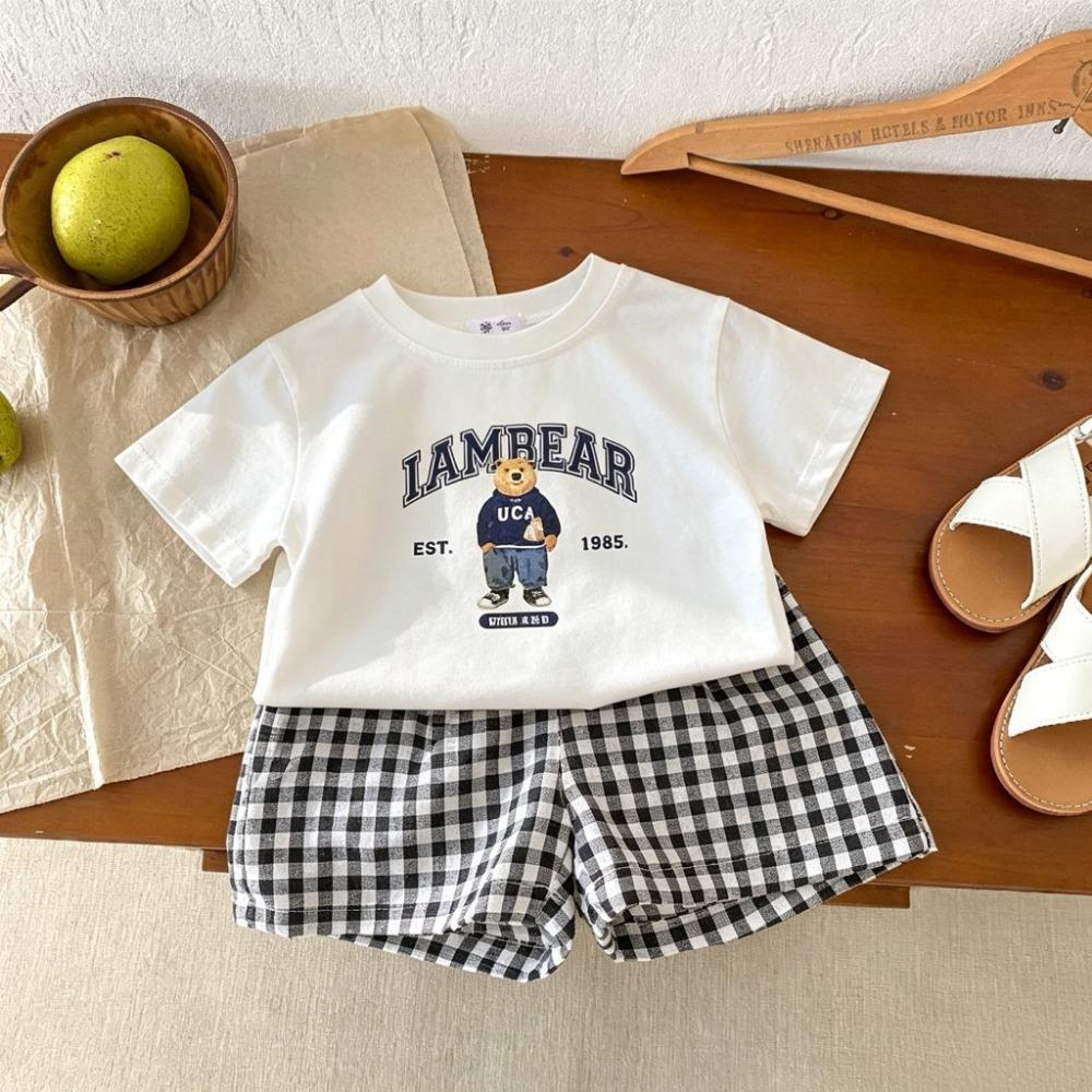 Popular Design Children Short Sleeved Suit Summer Baby Boys And Girls T-shirt Plaid Shorts Casual Two Piece Set Kids Clothing