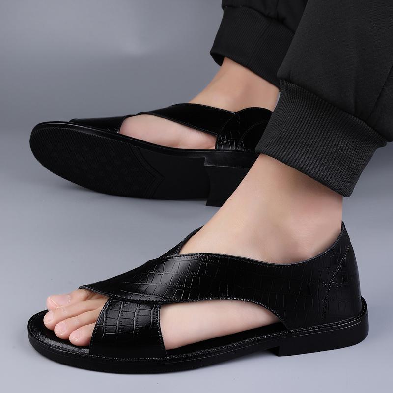 FashionSummer Men's Quality Genuine Leather Sandals Black Anti slip Breathable Casual Shoes Comfortable Business Flat Bottom Sandals