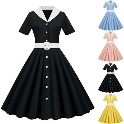 Women's Solid Color Retro Short-Sleeved V-Neck Casual Party Hem Dress