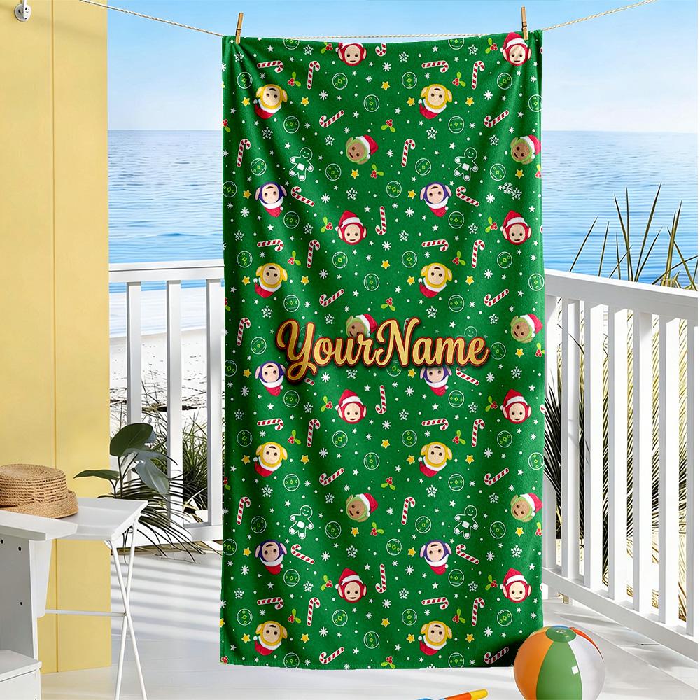 Teletubbies Personalized Name Beach Towel Quick-Dry Soft Microfiber Suitable for Swimming Gym Camping Yoga Vacation