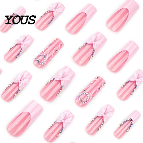 Long Rectangular Nails 24Pcs French Tip Press On Nails, 3D Pink Bow Rhinestone Fake Stick-on for Women, Removable Full Cover Glue At Home Nail