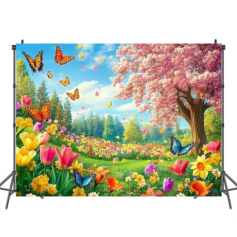 2D Spring Garden Backdrop, Tulips & Cherry Blossom Background for Nature & Spring Party