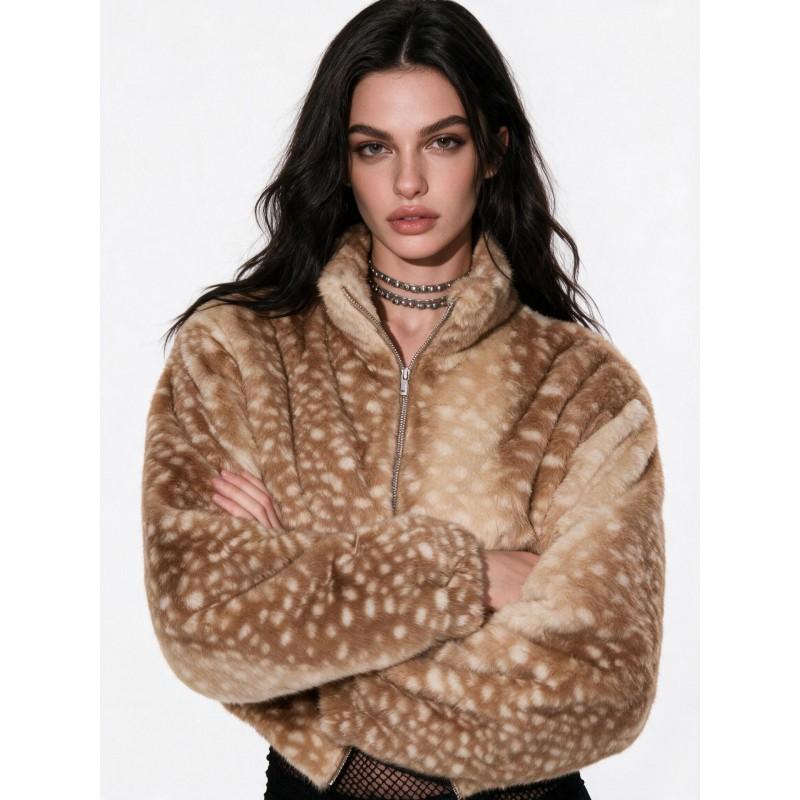 Womens Short Faux Fur Coat Stand Collar Zip-Up Loose Fit Warm Deer Casual Outerwear