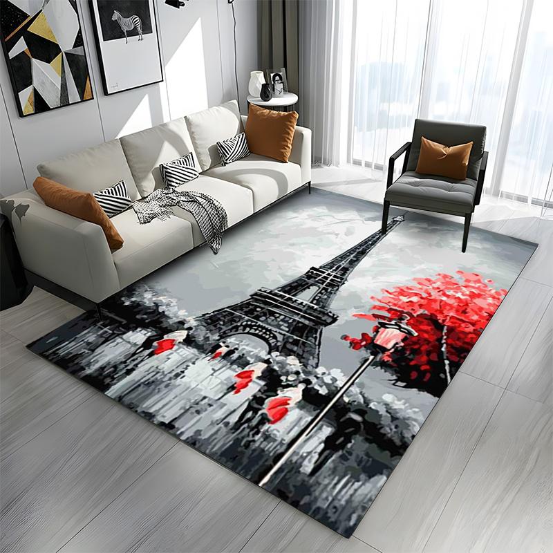 Eiffel Tower with Red Tree Illustration Patterned carpet a non slip rug suitable for all seasons and any setting, gift